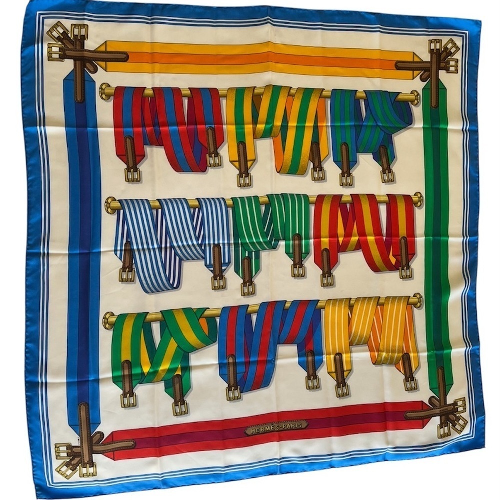 HERMES Silk Scarf Les Sangles 90cm design Jacques Eudel EUC 1980s